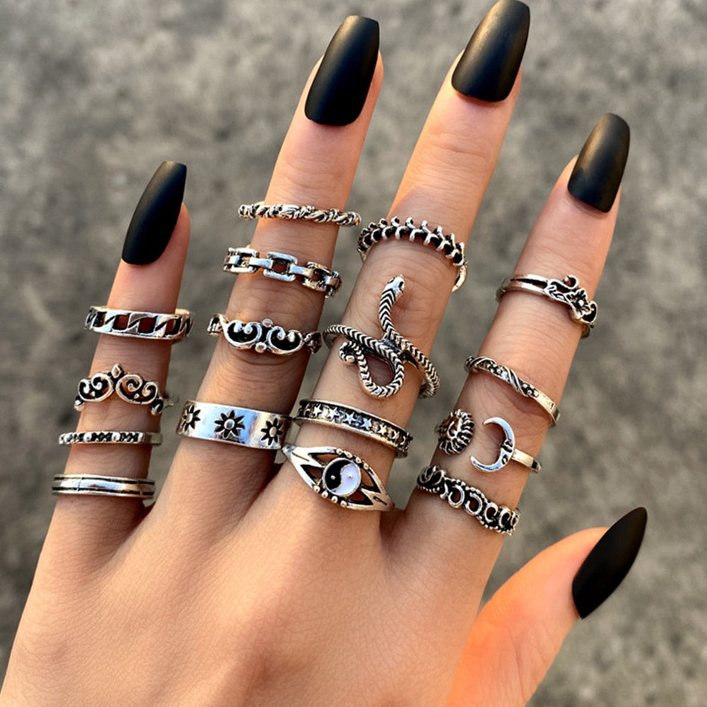 Hiphop Vintage Rings Set for Women Men Aesthatic Retro Punk Silver Plated Heart Flower Butterfly Chain Finger Ring Jewelry 2022 - No.39 54168