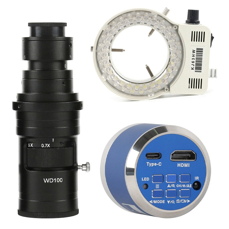12MP 4K UHD HDMI Industry Video Microscope Camera Zoom Cmount Lens For Machine PCB Board CPU Repair Soldering Measurement - With 200X Lens Light