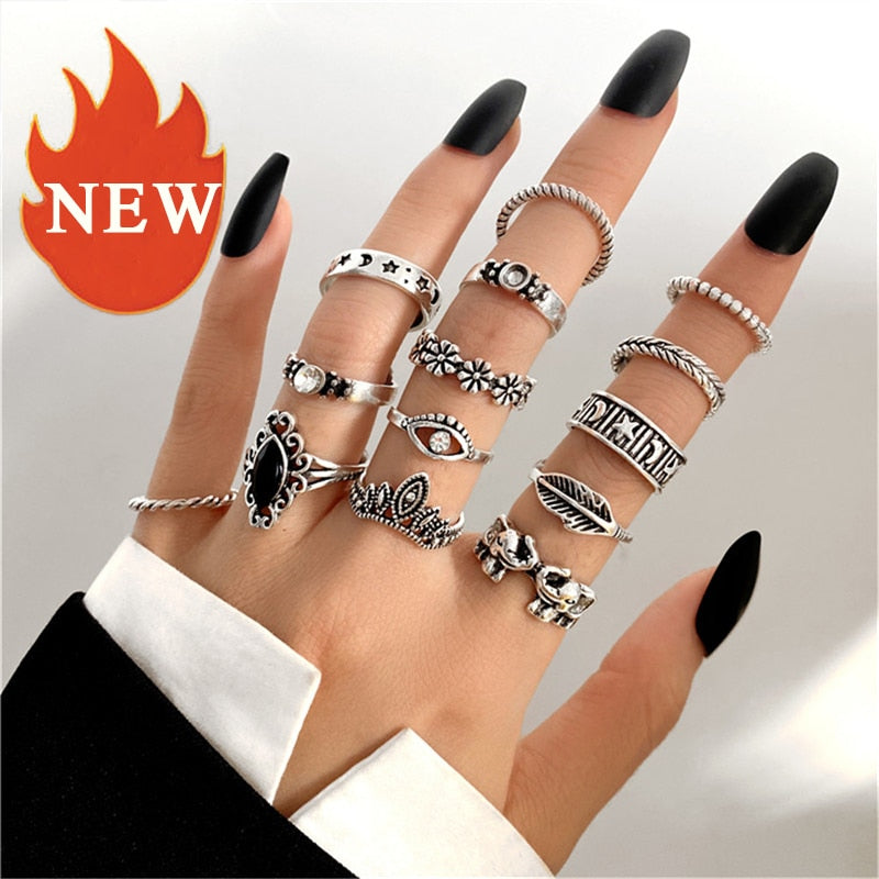 Hiphop Vintage Rings Set for Women Men Aesthatic Retro Punk Silver Plated Heart Flower Butterfly Chain Finger Ring Jewelry 2022 - NEW No.32 55289
