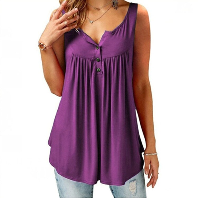 S-6XL Oversized T-shirt Women Loose Casual Sleeveless Female  Pleated Solid Tank Top Woman's Clothing Streetwear 2022 Summer New - purple / XL