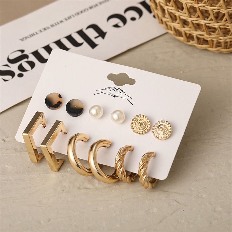 Vintage Geometry Pearl  Earring Set Heart Leopard For Women Girls Hoop Earrings Gold Color Metal Square Round  Party Jewelry - OV54046