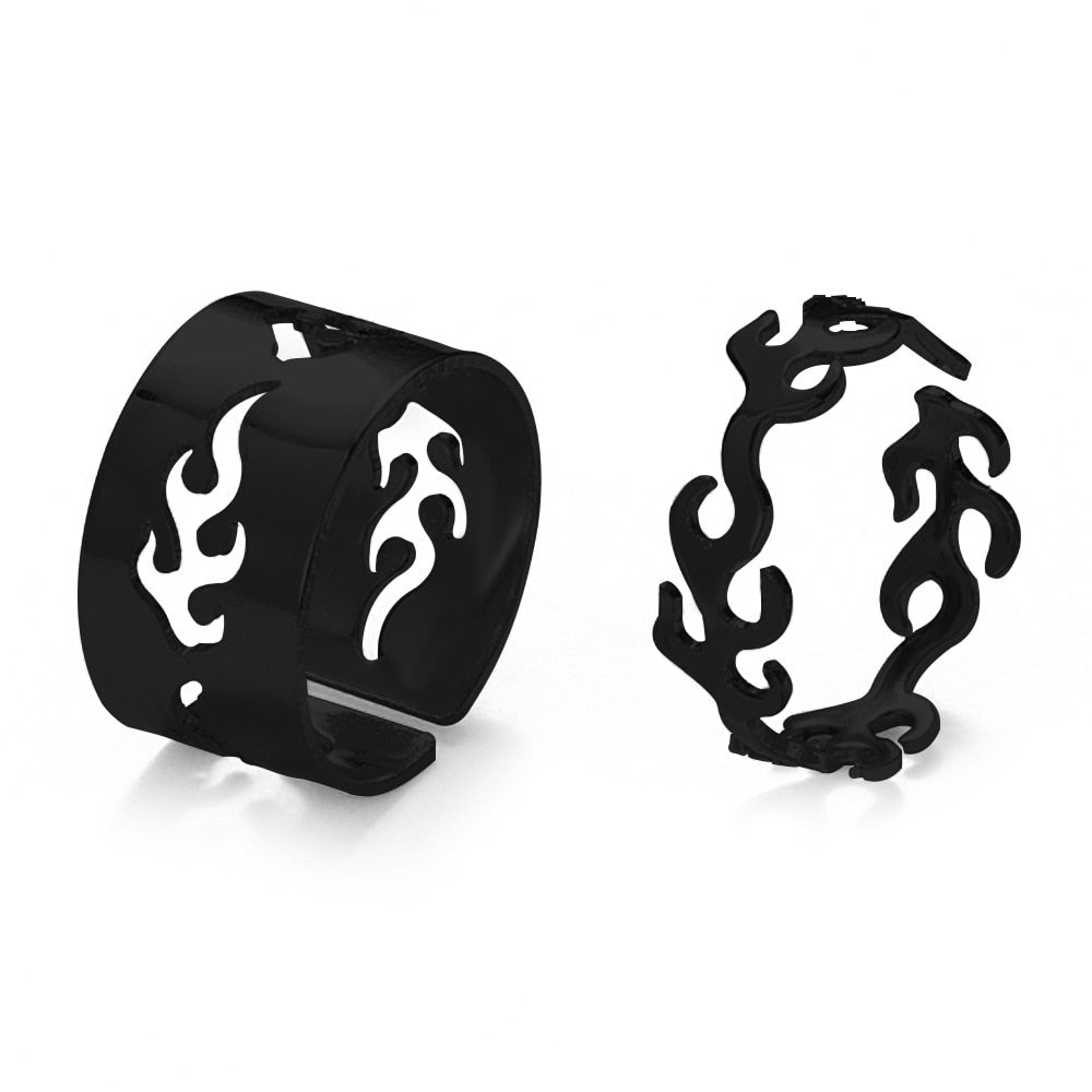 LATS Vintage Simple Animal Butterlfly Star Moon Heart Flame Open Rings for Women Girls Gothic Jewelry Punk Black Couple Ring Set - 99468