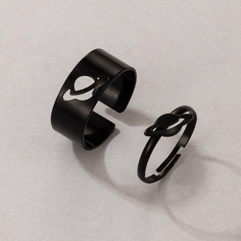 LATS Vintage Simple Animal Butterlfly Star Moon Heart Flame Open Rings for Women Girls Gothic Jewelry Punk Black Couple Ring Set - 99574