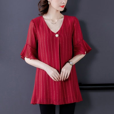 Dress Shirts Summer For Women Blouse Office Clothing Top Female Woman&#39;s Blouses Shirt V-Neck Plus Size Feminine Blusas chemise - Red / 5XL
