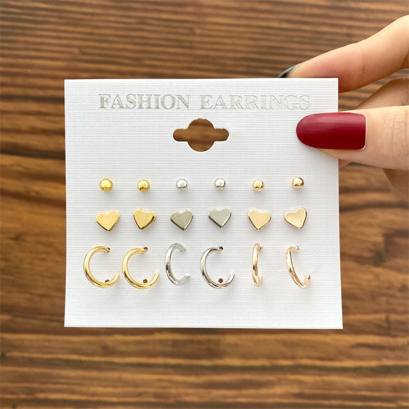 Vintage Geometry Pearl  Earring Set Heart Leopard For Women Girls Hoop Earrings Gold Color Metal Square Round  Party Jewelry - OV54641