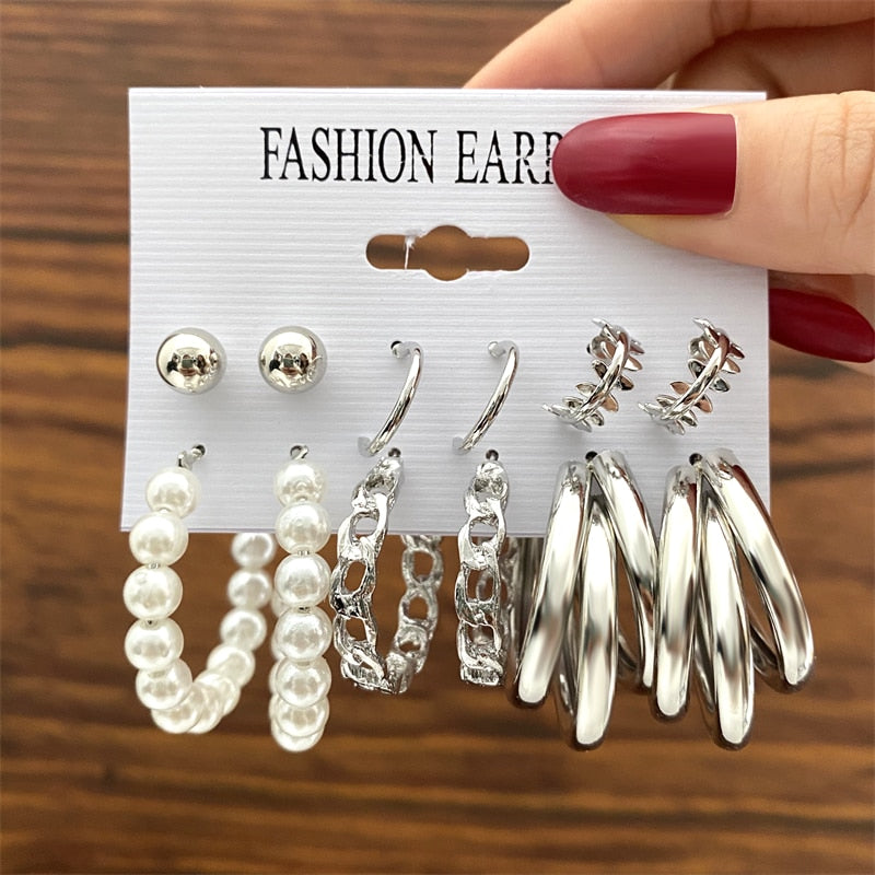 Vintage Geometry Pearl  Earring Set Heart Leopard For Women Girls Hoop Earrings Gold Color Metal Square Round  Party Jewelry - OV534330225