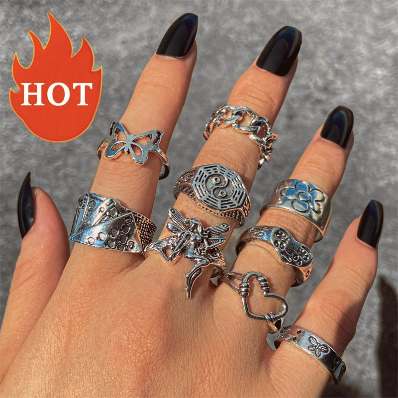 Hiphop Vintage Rings Set for Women Men Aesthatic Retro Punk Silver Plated Heart Flower Butterfly Chain Finger Ring Jewelry 2022 - HOT No.3 54740
