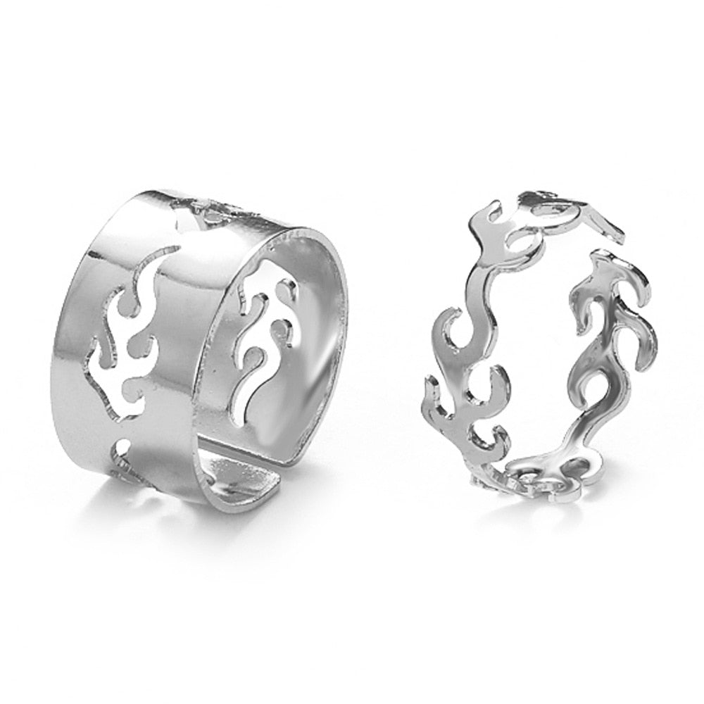 LATS Vintage Simple Animal Butterlfly Star Moon Heart Flame Open Rings for Women Girls Gothic Jewelry Punk Black Couple Ring Set - 99467