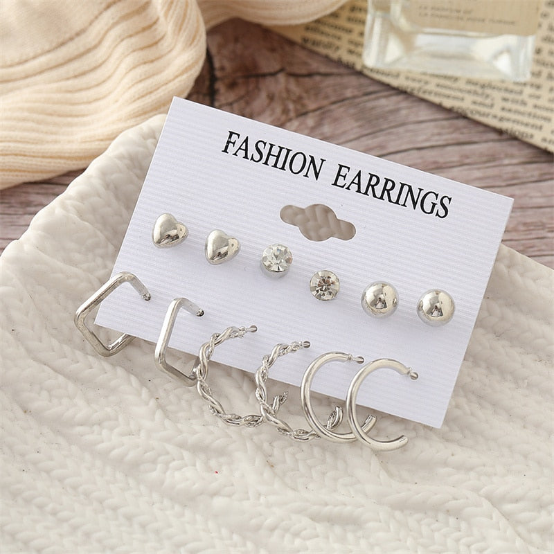 Vintage Geometry Pearl  Earring Set Heart Leopard For Women Girls Hoop Earrings Gold Color Metal Square Round  Party Jewelry - OV54396