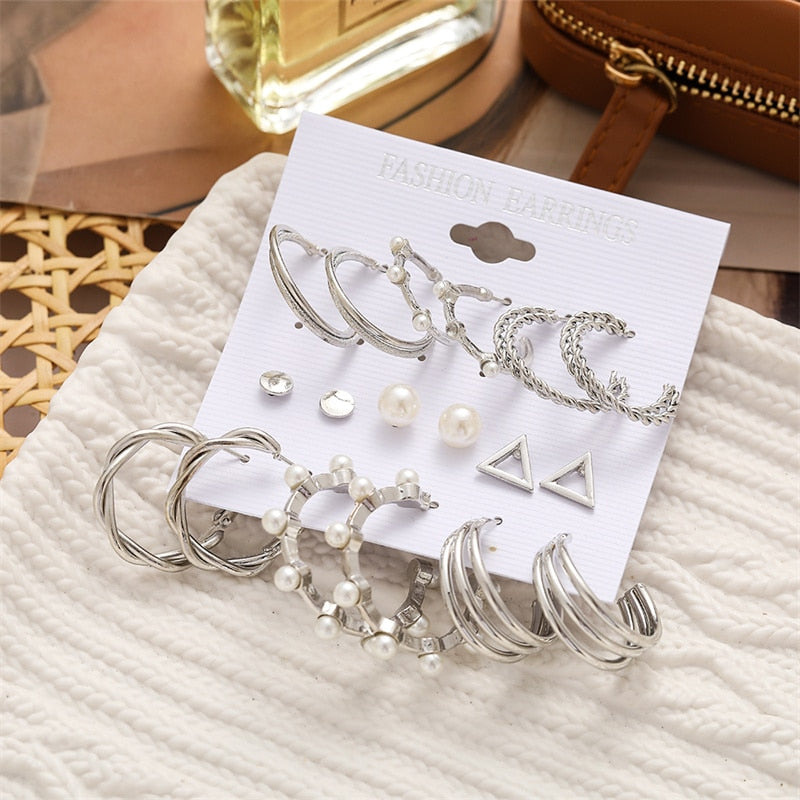 Vintage Geometry Pearl  Earring Set Heart Leopard For Women Girls Hoop Earrings Gold Color Metal Square Round  Party Jewelry - OV5225125