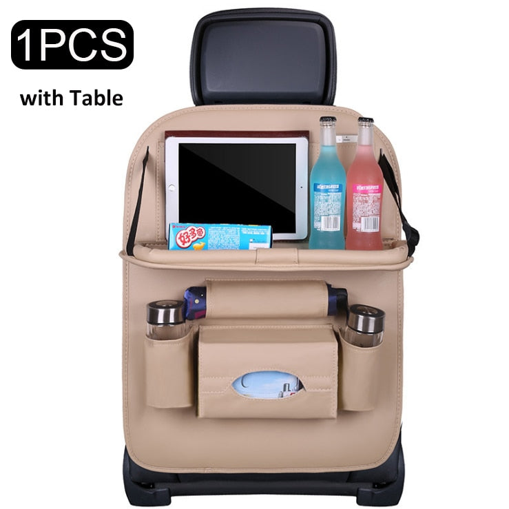 Car Seat Back Organizer Pu Leather Pad Bag Car Storage Organizer Foldable Table Tray Travel Storage Bag Auto Accessories - Ukraine / beige with tray