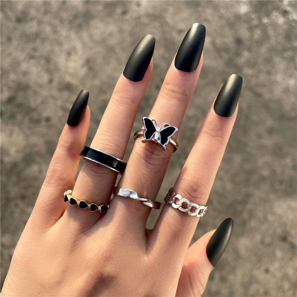 Hiphop Vintage Rings Set for Women Men Aesthatic Retro Punk Silver Plated Heart Flower Butterfly Chain Finger Ring Jewelry 2022 - No.48 54897