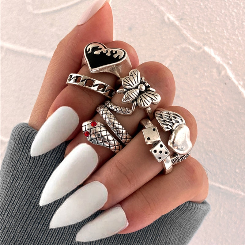 Hiphop Vintage Rings Set for Women Men Aesthatic Retro Punk Silver Plated Heart Flower Butterfly Chain Finger Ring Jewelry 2022 - No.22 54167