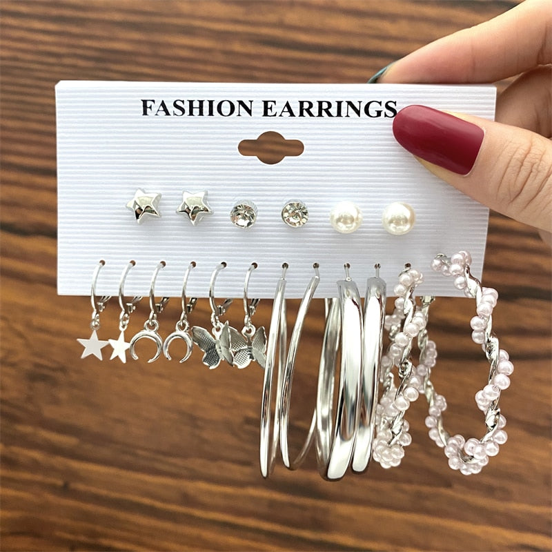 Vintage Geometry Pearl  Earring Set Heart Leopard For Women Girls Hoop Earrings Gold Color Metal Square Round  Party Jewelry - OV54704