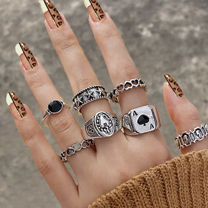 Hiphop Vintage Rings Set for Women Men Aesthatic Retro Punk Silver Plated Heart Flower Butterfly Chain Finger Ring Jewelry 2022 - No.35 54607
