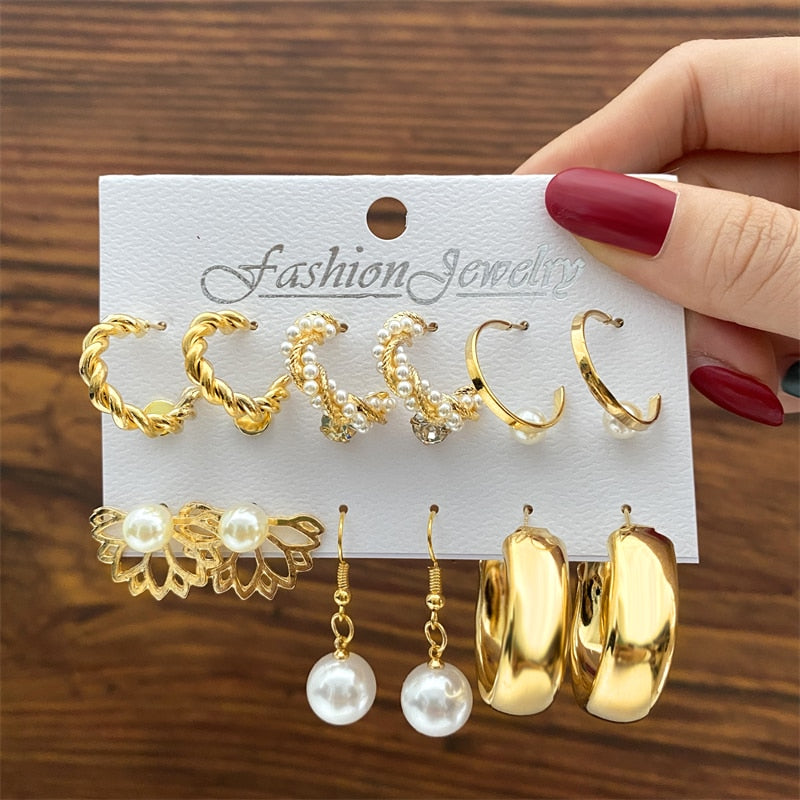 Vintage Geometry Pearl  Earring Set Heart Leopard For Women Girls Hoop Earrings Gold Color Metal Square Round  Party Jewelry - 54240