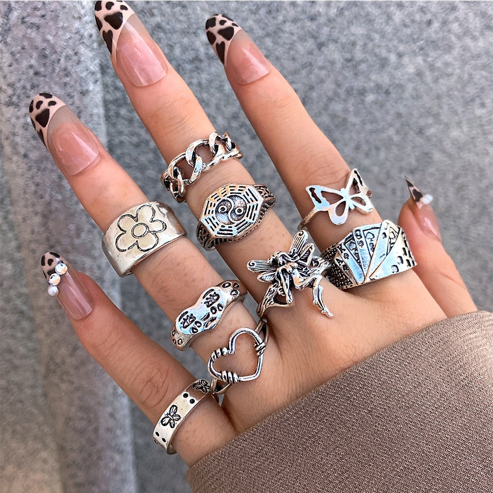 Hiphop Vintage Rings Set for Women Men Aesthatic Retro Punk Silver Plated Heart Flower Butterfly Chain Finger Ring Jewelry 2022 - No.5 54740