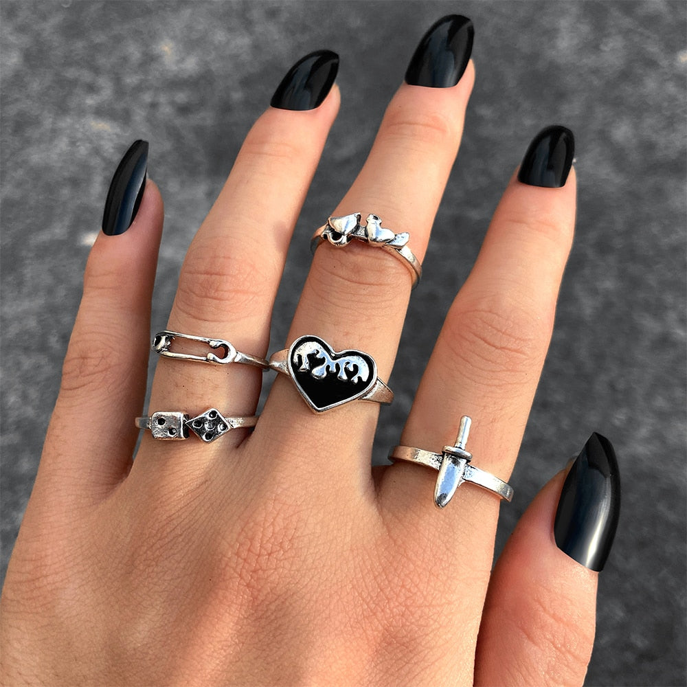 Hiphop Vintage Rings Set for Women Men Aesthatic Retro Punk Silver Plated Heart Flower Butterfly Chain Finger Ring Jewelry 2022 - No.4 54510