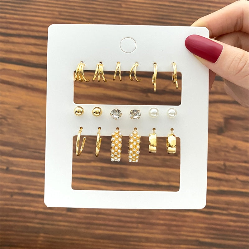 Vintage Geometry Pearl  Earring Set Heart Leopard For Women Girls Hoop Earrings Gold Color Metal Square Round  Party Jewelry - OV55018