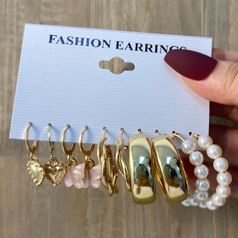 Vintage Geometry Pearl  Earring Set Heart Leopard For Women Girls Hoop Earrings Gold Color Metal Square Round  Party Jewelry - OV54906