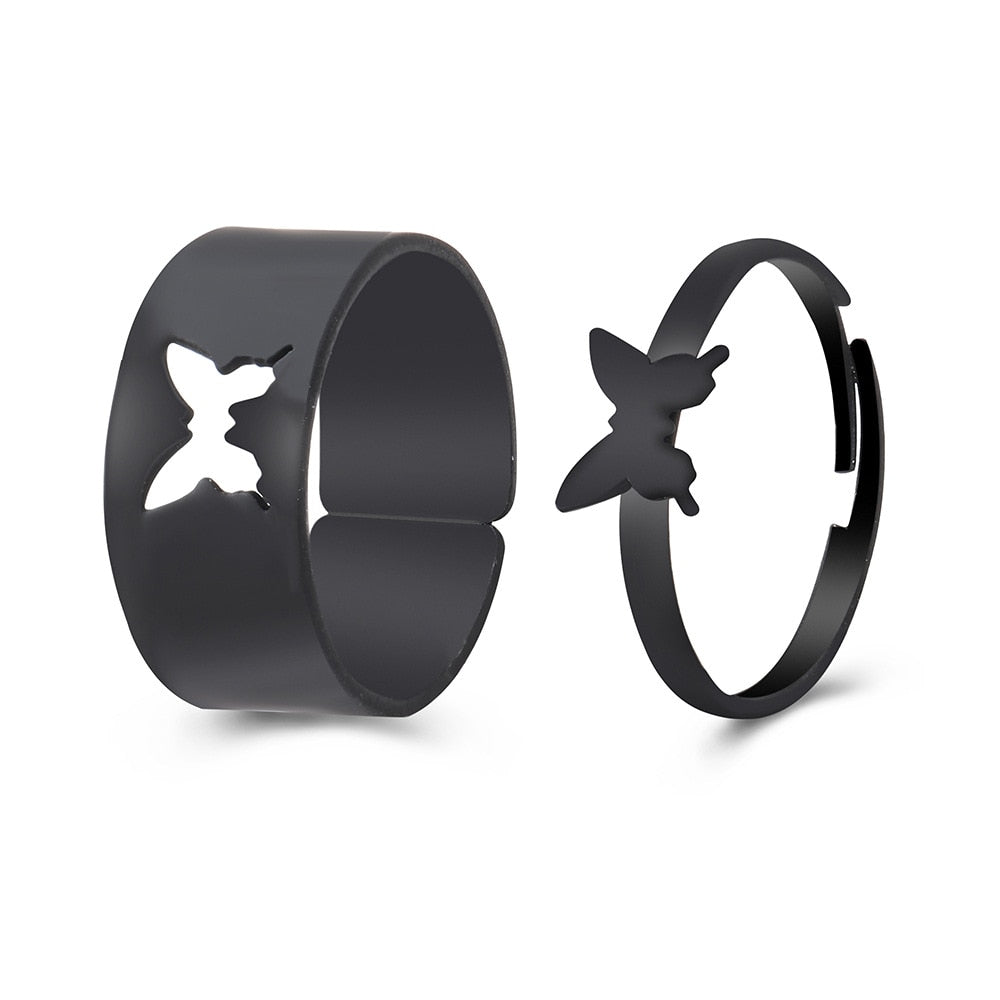 LATS Vintage Simple Animal Butterlfly Star Moon Heart Flame Open Rings for Women Girls Gothic Jewelry Punk Black Couple Ring Set - 99569