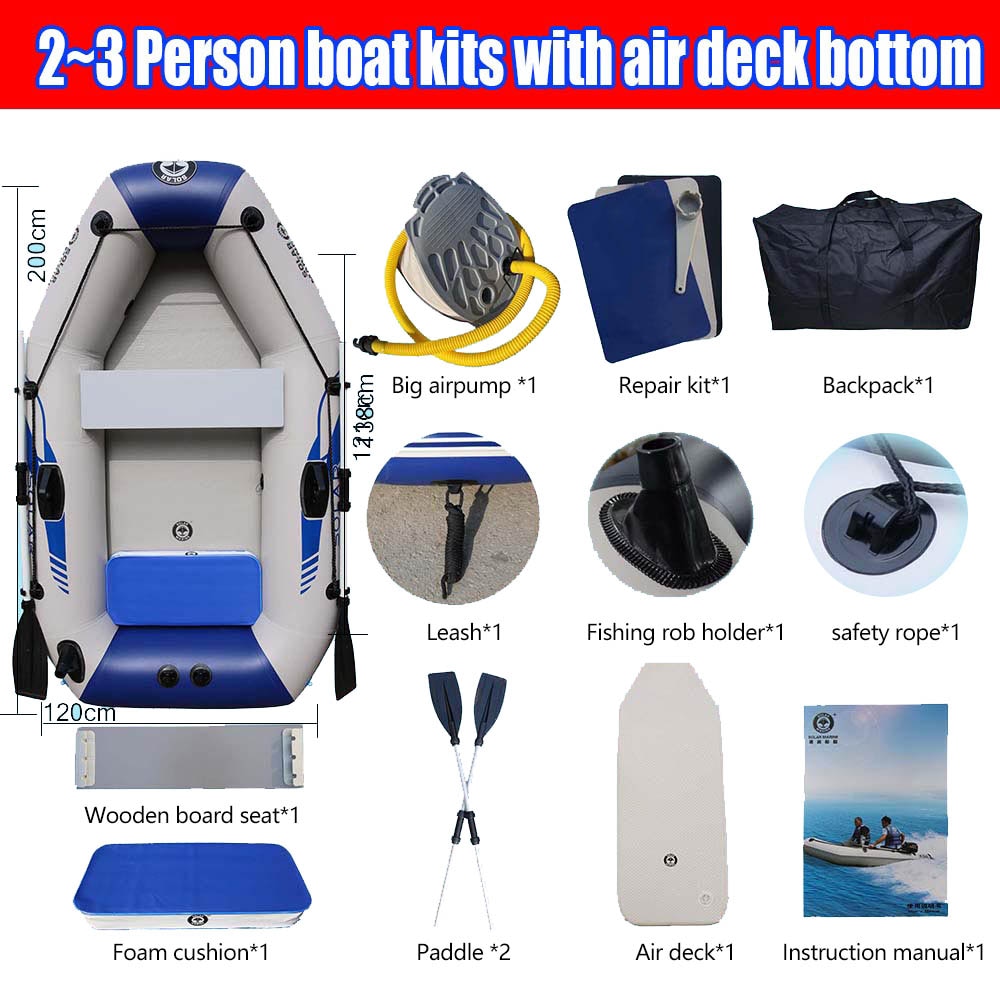 PVC Inflatable Boat 3 Layer Inflatable Fishing Boats Laminated Wear-Resistant Kayak Boats for 2-6 Person Kayak Rowing Canoe - 200cm air deck / China