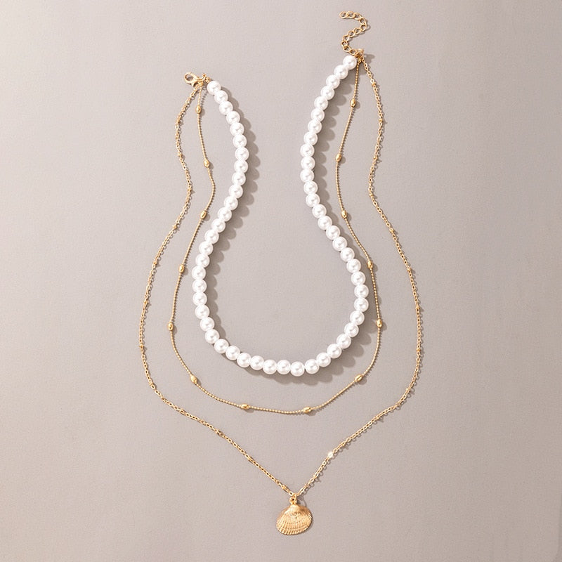 Vintage Style Simple 6MM Pearl Chain Choker Necklace For Women Wedding Love Shell Pendant Necklace Fashion Jewelry Wholesale - Multilayer