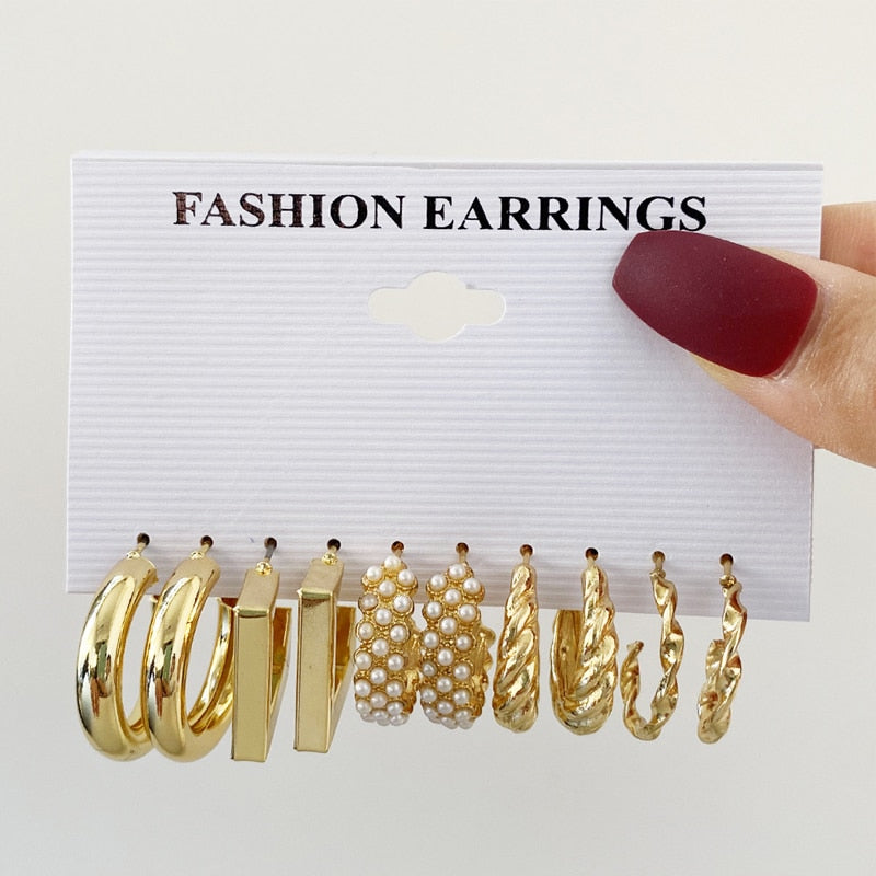 Vintage Geometry Pearl  Earring Set Heart Leopard For Women Girls Hoop Earrings Gold Color Metal Square Round  Party Jewelry - OV54723