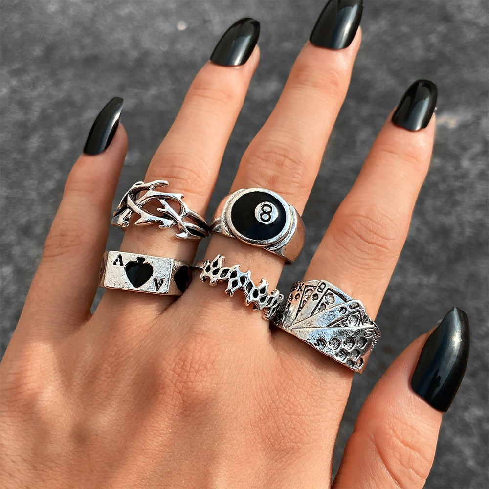 Hiphop Vintage Rings Set for Women Men Aesthatic Retro Punk Silver Plated Heart Flower Butterfly Chain Finger Ring Jewelry 2022 - No.8 54404