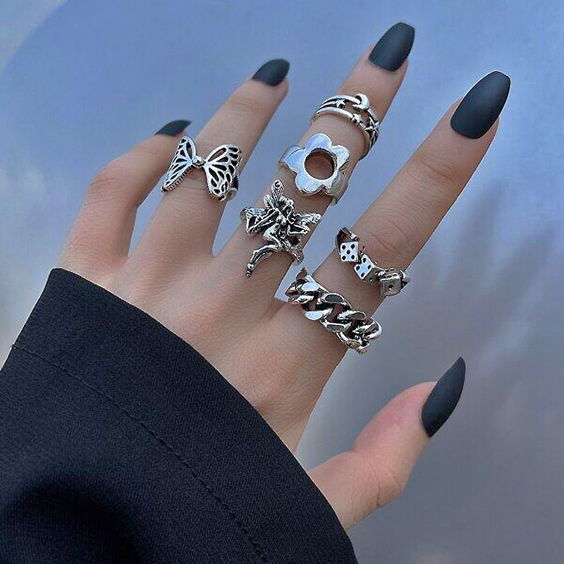 Hiphop Vintage Rings Set for Women Men Aesthatic Retro Punk Silver Plated Heart Flower Butterfly Chain Finger Ring Jewelry 2022 - No.16 54544