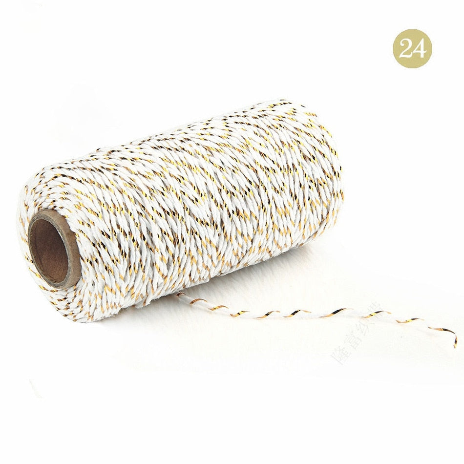 2mm 100M Colorful Thread Cord Handmade Crafts DIY Beige Twisted Cotton Macrame Cord Twine Rope String Home Textile Decoration - A24 gold white